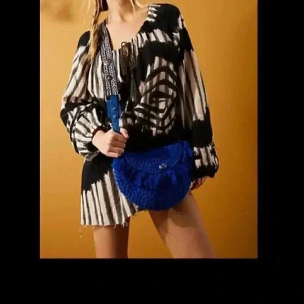 Free People-Macrame Moon Crossbody Purse Bag-Blue-New